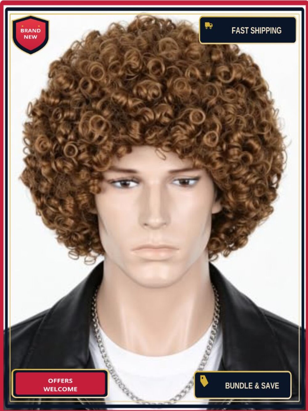 Mens Afro Wig Light Brown Short Curly Halloween Party Costume Wig